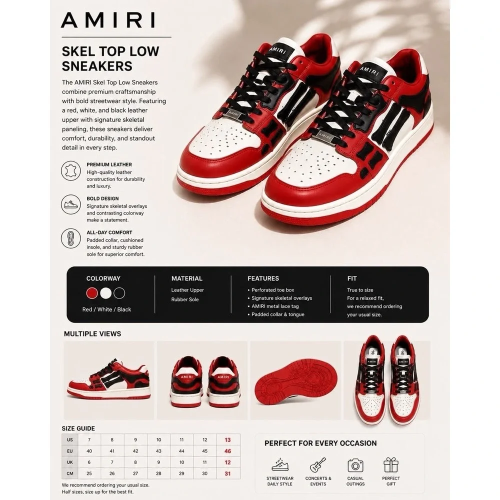Gently used Size 13- AMIRI Skel Top Low Red/White/Black AW22MFS003-610 Sneakers